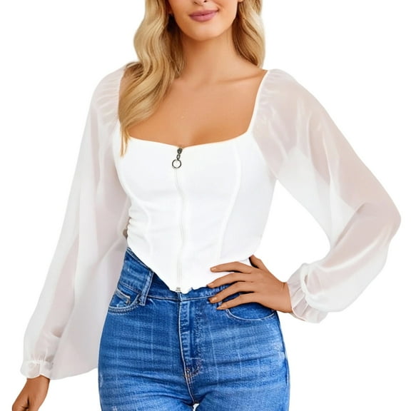 XIAONU Womens Blouses Low Cut V Neck Chiffon Lantern Sleeve Blouse Solid Color Slim Fit vogueable Sexy Shirt Cardigan Top