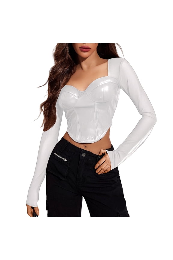 Womens Blouses Short Pu Leather Spliced Mesh Shirt Square Neck Long Sleeved Top High Waist Backless Slim Fit T-Shirt