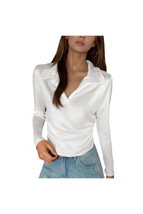 Womens Blouses Trendy Elegant Solid Color Collared V Neck Tops Long Sleeve Slim Fit Pullover Simple Top Party Style
