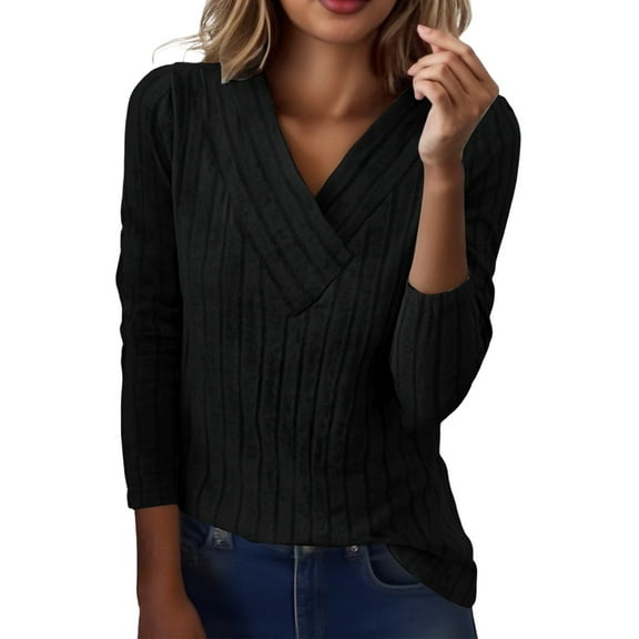 XIAONU Womens Blouses Trendy Solid Color Crossover V Neck Pullover Shirts Loose Long Sleeve Casual Elegant Oversized Top