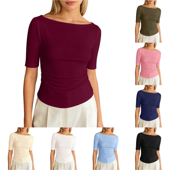 XIAONU Womens Boat Neck Side Ruched Elbow Sleeve Top Slim Fit Stretchy Daily Casual Basic Tee