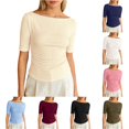 thumbnail image 1 of XIAONU Womens Boat Neck Side Ruched Elbow Sleeve Top Slim Fit Stretchy Daily Casual Basic Tee, 1 of 4