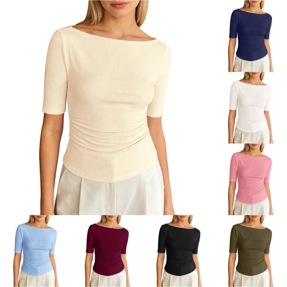 XIAONU Womens Boat Neck Side Ruched Elbow Sleeve Top Slim Fit Stretchy Daily Casual Basic Tee