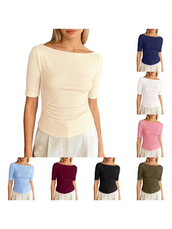 Womens Boat Neck Side Ruched Elbow Sleeve Top Slim Fit Stretchy Daily Casual Basic Tee