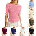 thumbnail image 1 of XIAONU Womens Boat Neck Side Ruched Elbow Sleeve Top Slim Fit Stretchy Daily Casual Basic Tee, 1 of 4