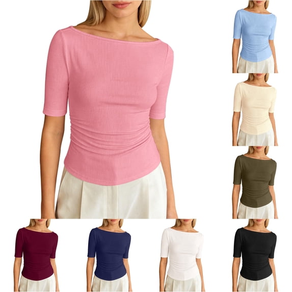 XIAONU Womens Boat Neck Side Ruched Elbow Sleeve Top Slim Fit Stretchy Daily Casual Basic Tee