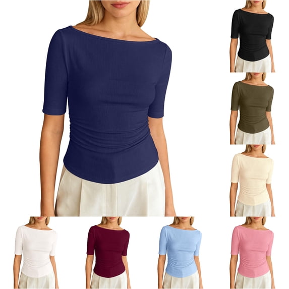 XIAONU Womens Boat Neck Side Ruched Elbow Sleeve Top Slim Fit Stretchy Daily Casual Basic Tee