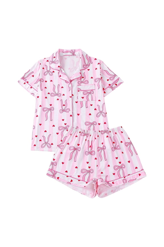 Womens Bow And Heart Striped Pajama Set Button Front Short Sleeve Top And Shorts Sleepwear Soft Lightweight Casual Loungewear