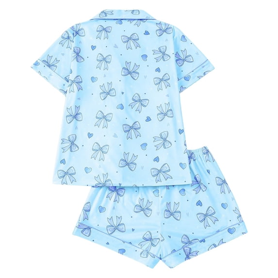 XIAONU Womens Bow Heart Print Pajama Set Loose Short Sleeve Notched Collar Sleep Set Soft Gentle Sleep Pajamas
