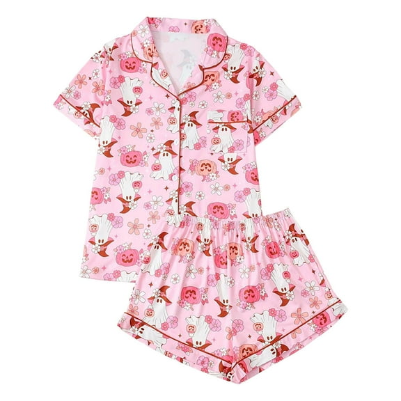 XIAONU Womens Bow Print Pajama Sets Lapel Short-Sleeve Shorts Satin Pajamas Comfortable Pleasure Homewear Set