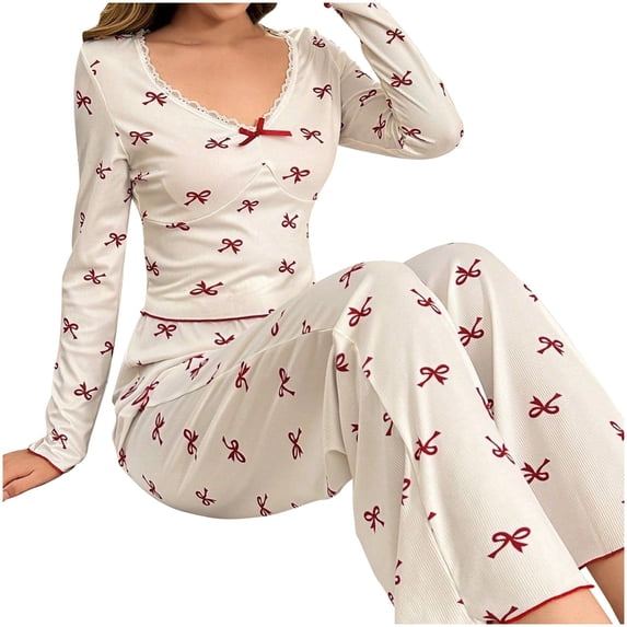 XIAONU Womens Bow Print Ribbed Lace Trim Pajama Set Loose Fit Long Sleeve V Neck Sleepwear Set Soft Sweet Sleep Pajama Sets