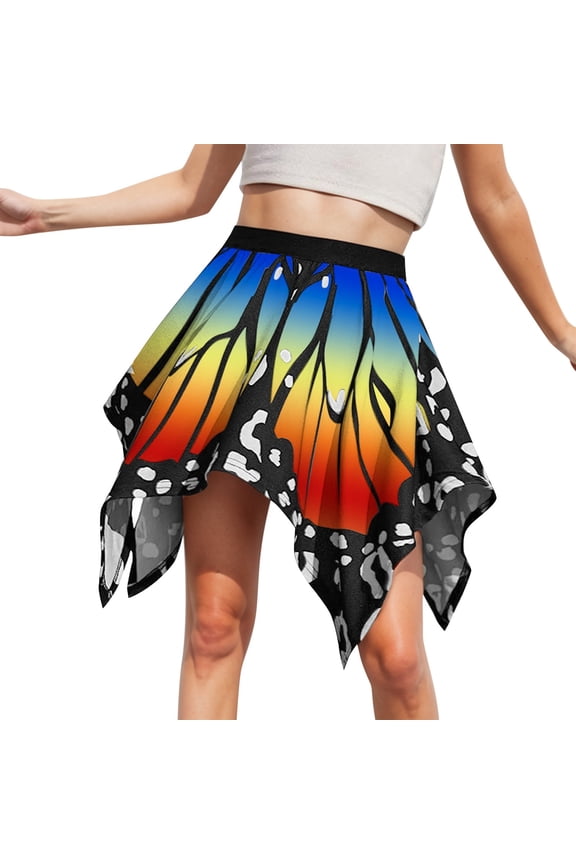 Womens Butterfly Print Mini Skirt High Waist Asymmetrical Hem Flowy Casual Party Skirt