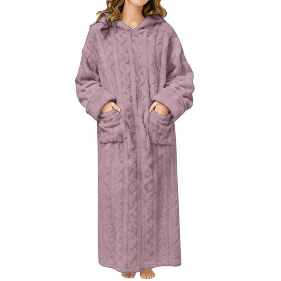 XIAONU Womens Cable Knit Hooded Fuzzy Robe With Pockets Oversized Long Sleeve Loungewear Robe Warm Cozy Sleepwear Robe