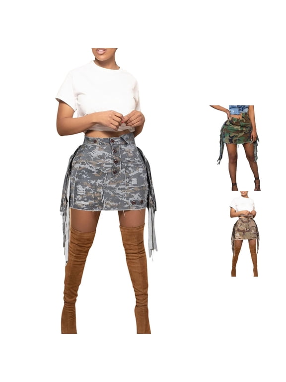 Womens Camo Print Mini Skirt Fringe Cargo Distressed Streetwear Short Skirt