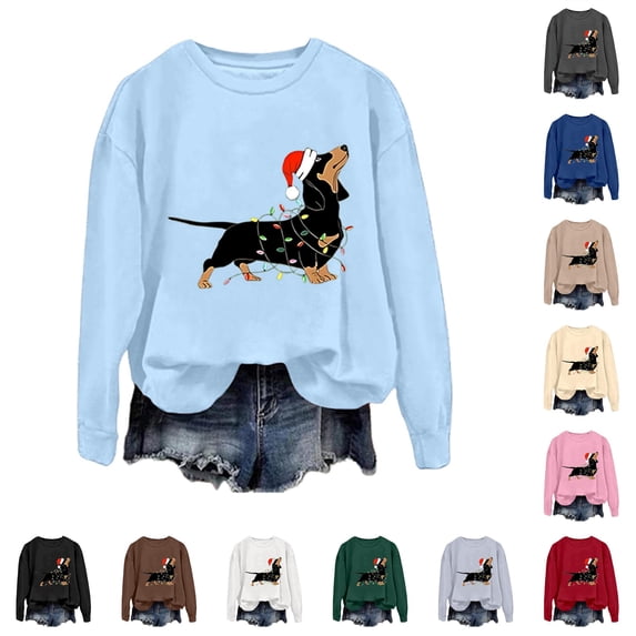 XIAONU Womens Christmas Dachshund Pullover Relaxed Fit Graphic Print Holiday Sweatshirt