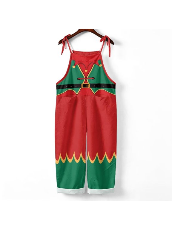Womens Christmas Printed Overalls Elf Soft Comfortable Winter Warm Casual Jumpsuit