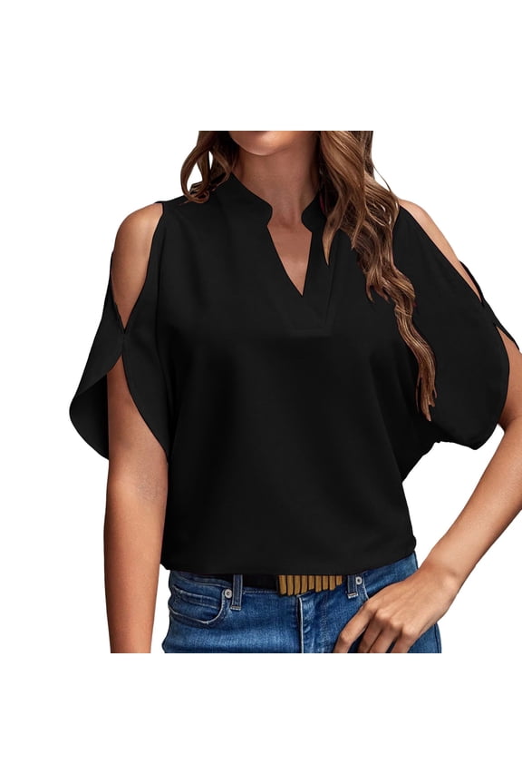Womens Cold Shoulder Blouse Split Sleeve Split Neck Shirt Solid Color Lightweight Elegant Evening Party Tops