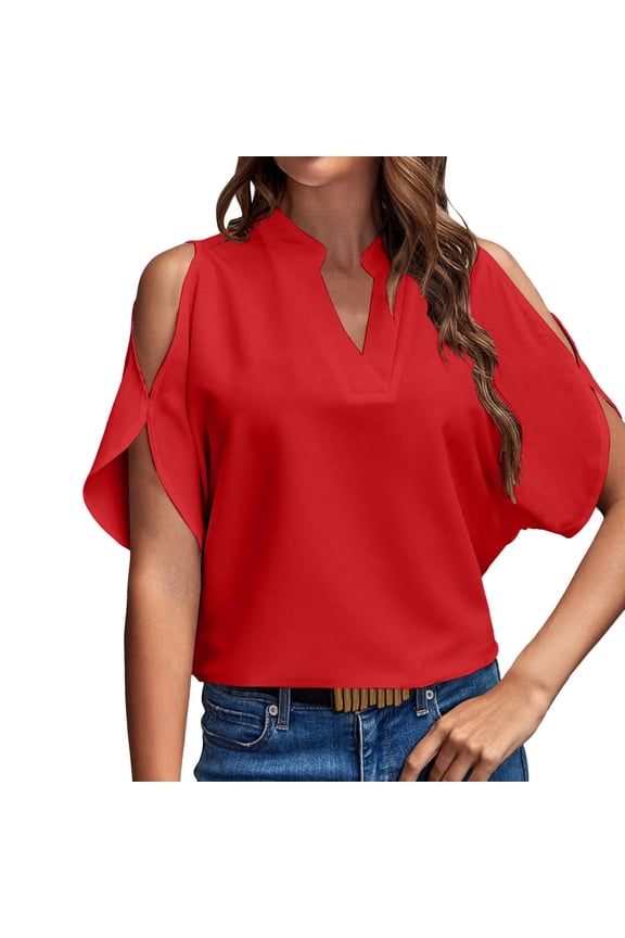Womens Cold Shoulder Blouse Split Sleeve Split Neck Shirt Solid Color Lightweight Elegant Evening Party Tops