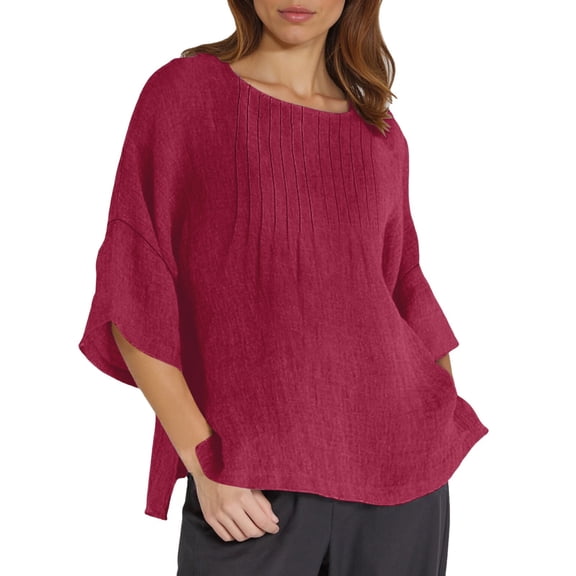 XIAONU Womens Crewneck Tunic shirt Linen Loose Fit Quarter Sleeve Blouse Spring Summer Casual solid color top