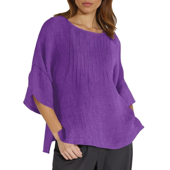 XIAONU Womens Crewneck Tunic shirt Linen Loose Fit Quarter Sleeve Blouse Spring Summer Casual solid color top