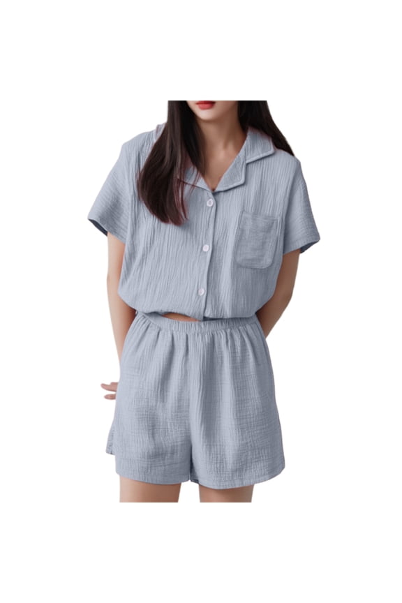 XIAONU Womens Crinkle Cotton Short Pajama Set Notch Collar Button Front Loungewear Set Lightweight Casual Sleepwear Set