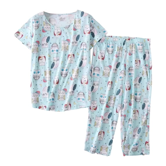 XIAONU Womens Cute Pajama Set Short Sleeve Printed Top And Capri Pants Breathable Casual Loungewear For Home