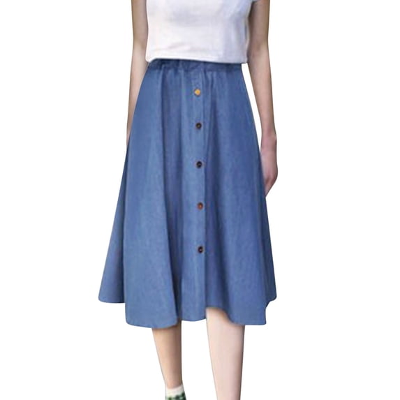 XIAONU Womens Denim Midi Skirt High Waist Button Front A Line Casual Bottom