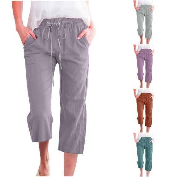 XIAONU Womens Drawstring Capri Pants Solid Side Pockets Daily Wear Capris