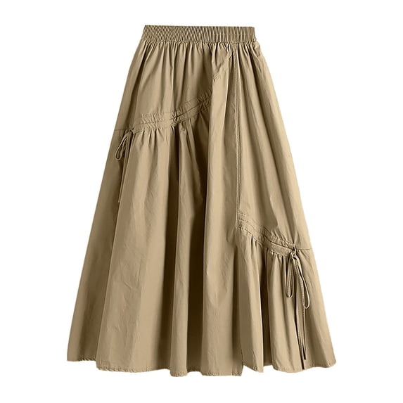 XIAONU Womens Drawstring Midi Skirt Gathered Elastic Waist Cotton Skirt Casual Weekend Shopping Everyday Skirt