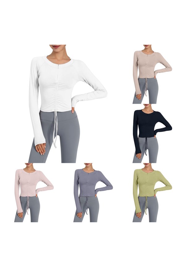 Womens Drawstring Ruched Athletic Top Thumb Hole Cropped Fit Gym Daily Tees