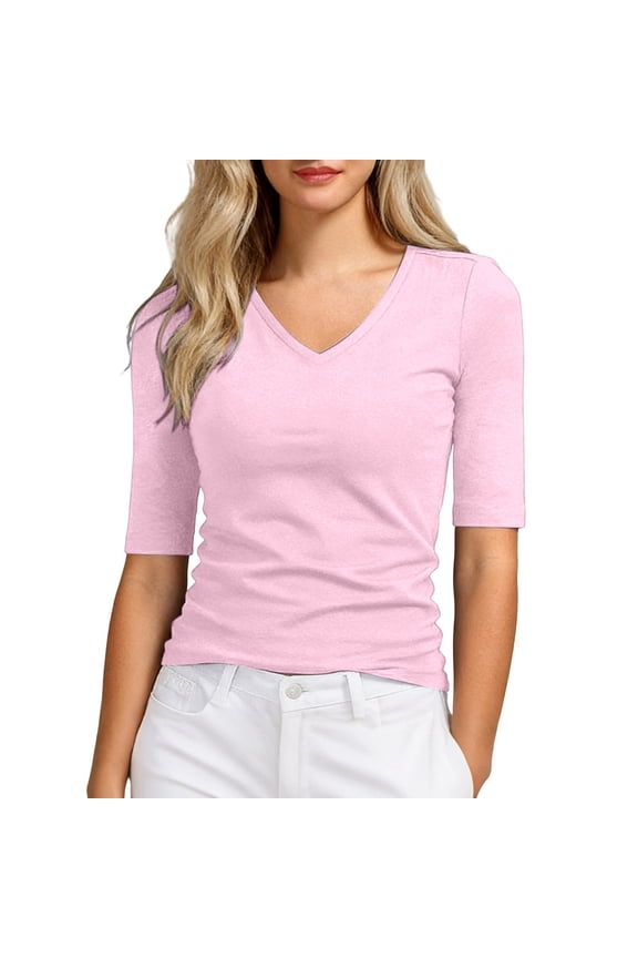 Womens Elbow Sleeve Fitted T Shirt V Neck Casual Daily Wear Slim Form Fitting Basic Tee