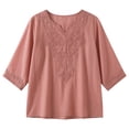 thumbnail image 1 of XIAONU Womens Embroidered Linen Blouse Loose Three Quarter Sleeve Split V-Neck Floral Embroidered Linen Shirt Lightweight Boho Casual Daily Wear Top, 1 of 9
