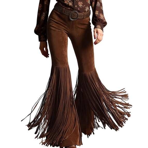 XIAONU Womens Faux Suede Flare Pants High Waisted Long Fringe Bell Bottom Trousers For Western Country Concert Party Brown