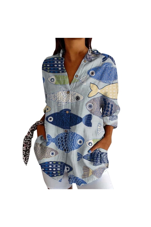 Womens Fish Print Button Down Shirt Long Sleeves Collared Shirt Lightweight Casual Beach Shirts