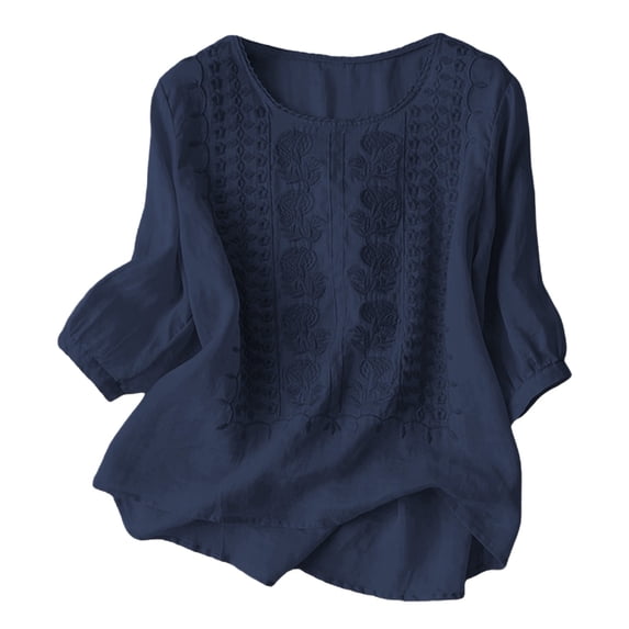 XIAONU Womens Floral Embroidered Linen Blouse Loose Fit 3/4 Sleeve Round Neck Pullover Top Breathable Boho Casual Top