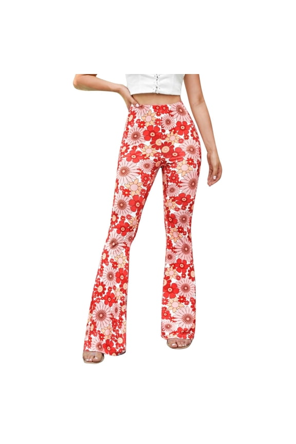 Womens Floral Print Flare Pants High Waist Bell Bottom Trousers For Retro Hippie Party