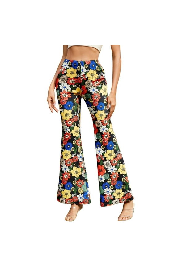 Womens Floral Print Flare Pants High Waist Bell Bottom Trousers For Retro Hippie Party