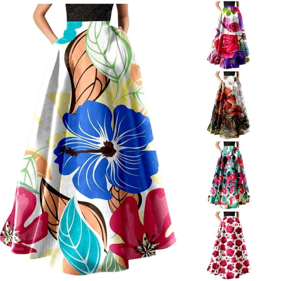 XIAONU Womens Floral Print Maxi Skirt High Waist A Line Flowy Casual Long Skirt With Pockets