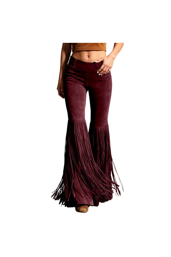 Womens Fringe Suede Bell Bottom Pants Flared Fit High Waisted Zip Fly Full Length Pant Soft Retro Pants