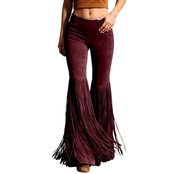 XIAONU Womens Fringe Suede Bell Bottom Pants Flared Fit High Waisted Zip Fly Full Length Pant Soft Retro Pants
