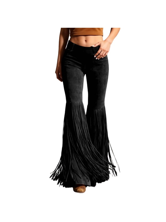 Womens Fringe Suede Bell Bottom Pants Flared Fit High Waisted Zip Fly Full Length Pant Soft Retro Pants