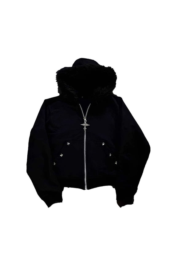 Womens Fuzzy Trim Zip Up Hoodies Cropped Fit Studded Detail Hooded Sweatshirt Warm Edgy Daily Outerwear Jackets