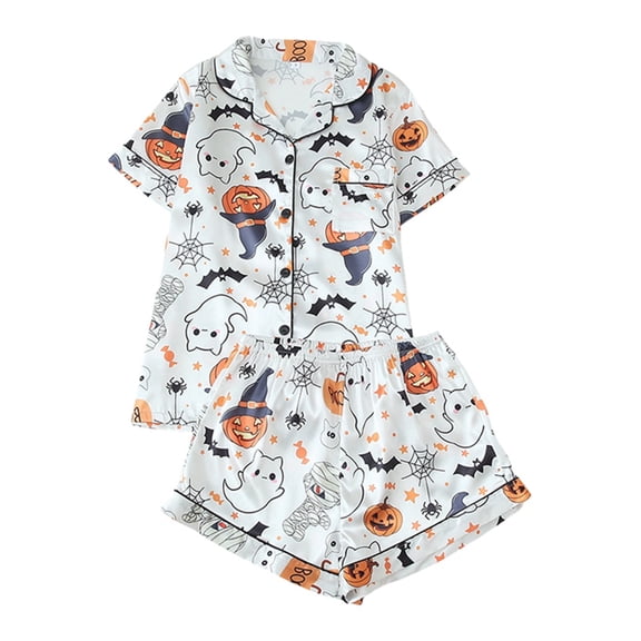 XIAONU Womens Ghost Pumpkin Spider Print Pajama Set Loose Short Sleeve Notched Collar Sleep Set Soft Spooky Sleep Pajamas