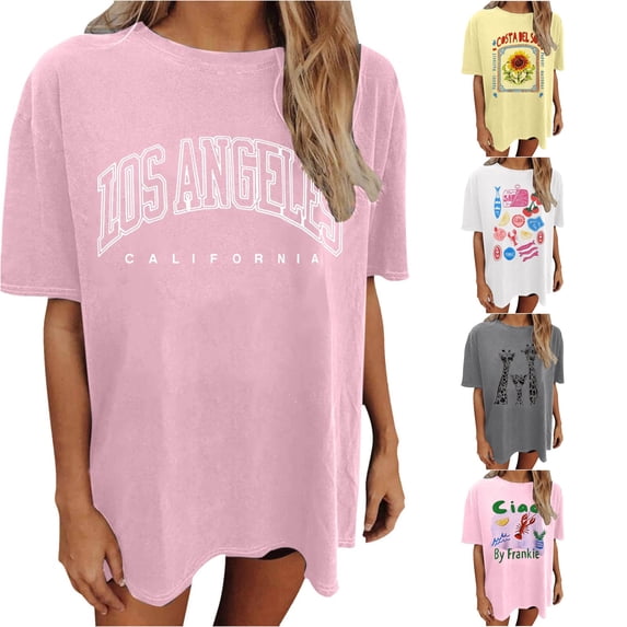 XIAONU Womens Giraffe Graphic Crew Neck T Shirt Loose Oversized Short Sleeve Tops Casual Daily Longline Tee