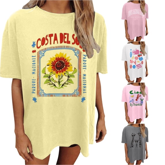 XIAONU Womens Giraffe Graphic Crew Neck T Shirt Loose Oversized Short Sleeve Tops Casual Daily Longline Tee