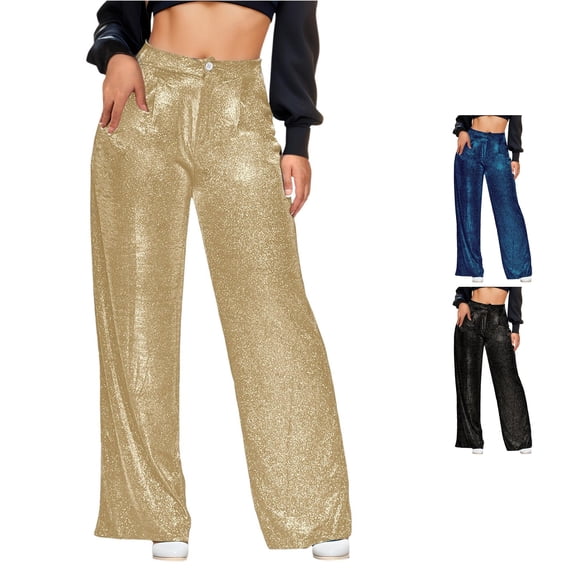 XIAONU Womens Glitter Print Pants Wide Leg Cut Side Pockets Party Wear Trousers