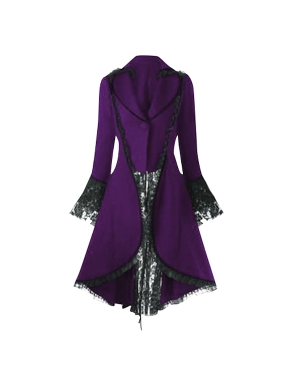 Womens Gothic Tailcoat Long Sleeve Lace Panel High Low Victorian Jacket Coat
