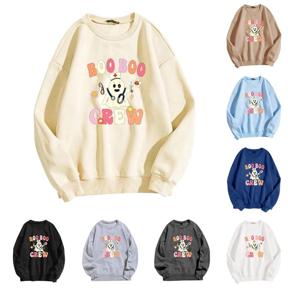 XIAONU Womens Halloween Nurse Ghost Crewneck Sweatshirt Cartoon Graphic Print Sweatshirts Holiday Casual Pullover Sweatshirts
