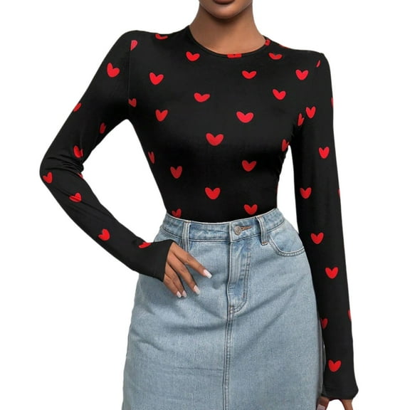 XIAONU Womens Heart Pattern Valentine's Day Long Sleeve Tee Regular Crew Neck Fitted Soft Casual Holiday Wear Top