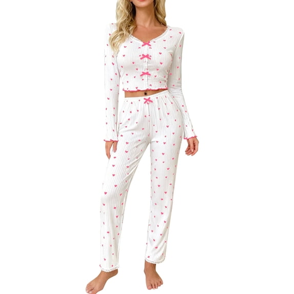 XIAONU Womens Heart Print Ribbed Bow Trim Pajama Set Loose Fit Long Sleeve V Neck Sleepwear Set Soft Sweet Sleep Pajama Sets
